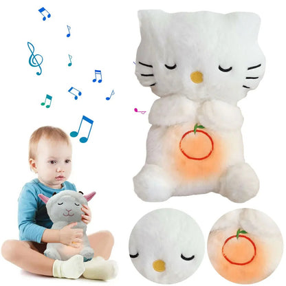 Doudou-Chat-blanc-lumière-musical-doux-confort-bébé-joue