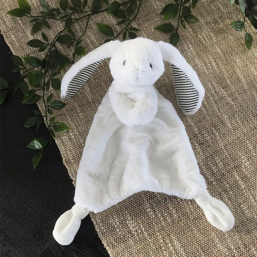 Doudou bebe lapin blanc velours oreilles raillures bleus jolies