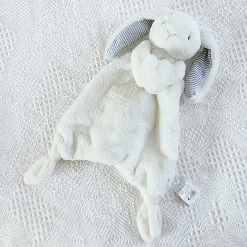 Doudou bebe lapin blanc velours oreilles raillures bleus