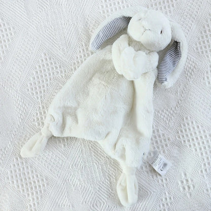 Doudou bebe lapin blanc velours oreilles raillures bleus