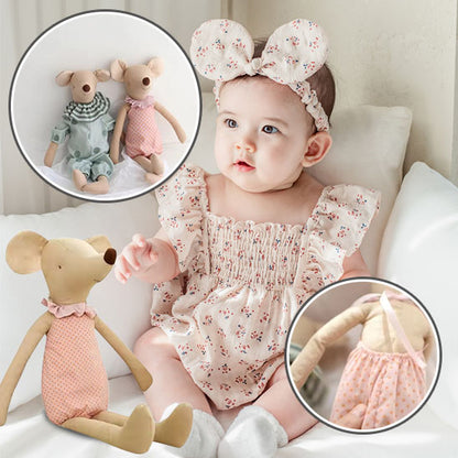 Doudou-doux-rembourré-souris-rose-et-verte-bébé-heureux-avec