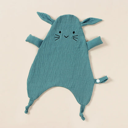 Doudou-lapin-bleu-doux-coton-étiquettes-nœuds-mignon