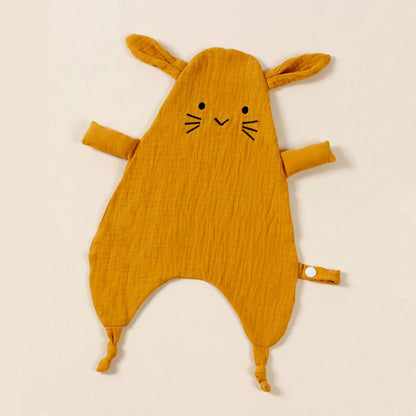 Doudou-lapin-moutarde-doux-coton-étiquettes-nœuds-mignon