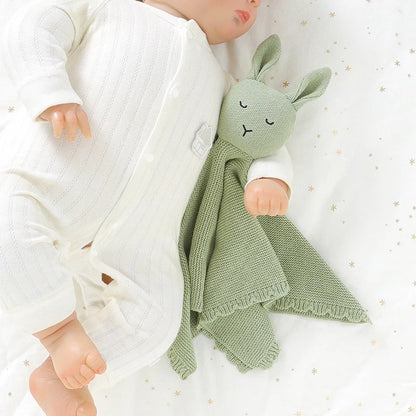 Doudou-lapin-vert-tricoté-coton-doux-respirant-bébé-dort