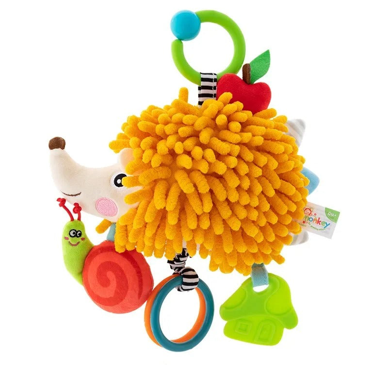 Doudou-peluche-hérisson-hochet-jaune-velours-doux-bébé