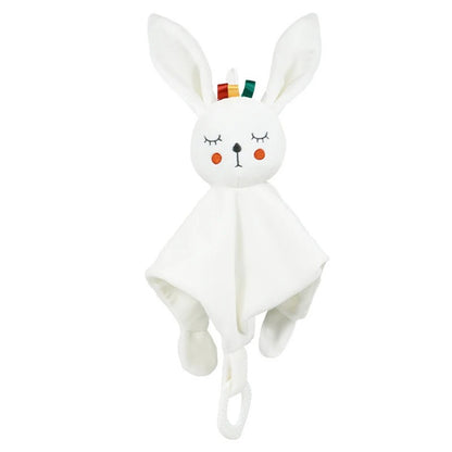 Doudou-peluche-lapin-plat-velours-doux-nœuds-anneau-dentaire