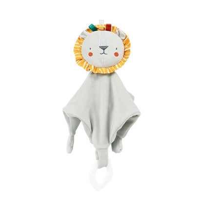 Doudou-peluche-lion-plat-velours-doux-nœuds-anneau-dentaire