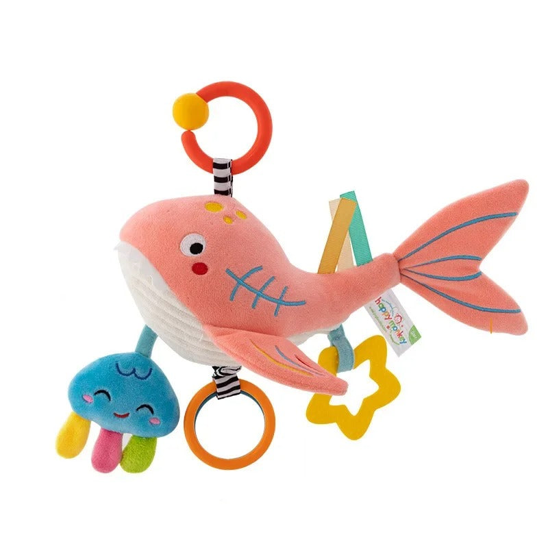 Doudou-peluche-requin-hochet-rose-velours-doux