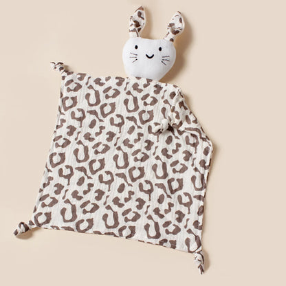 Doudou-plat-chat-coton-doux-motif-léopard-nœud-de-dentition