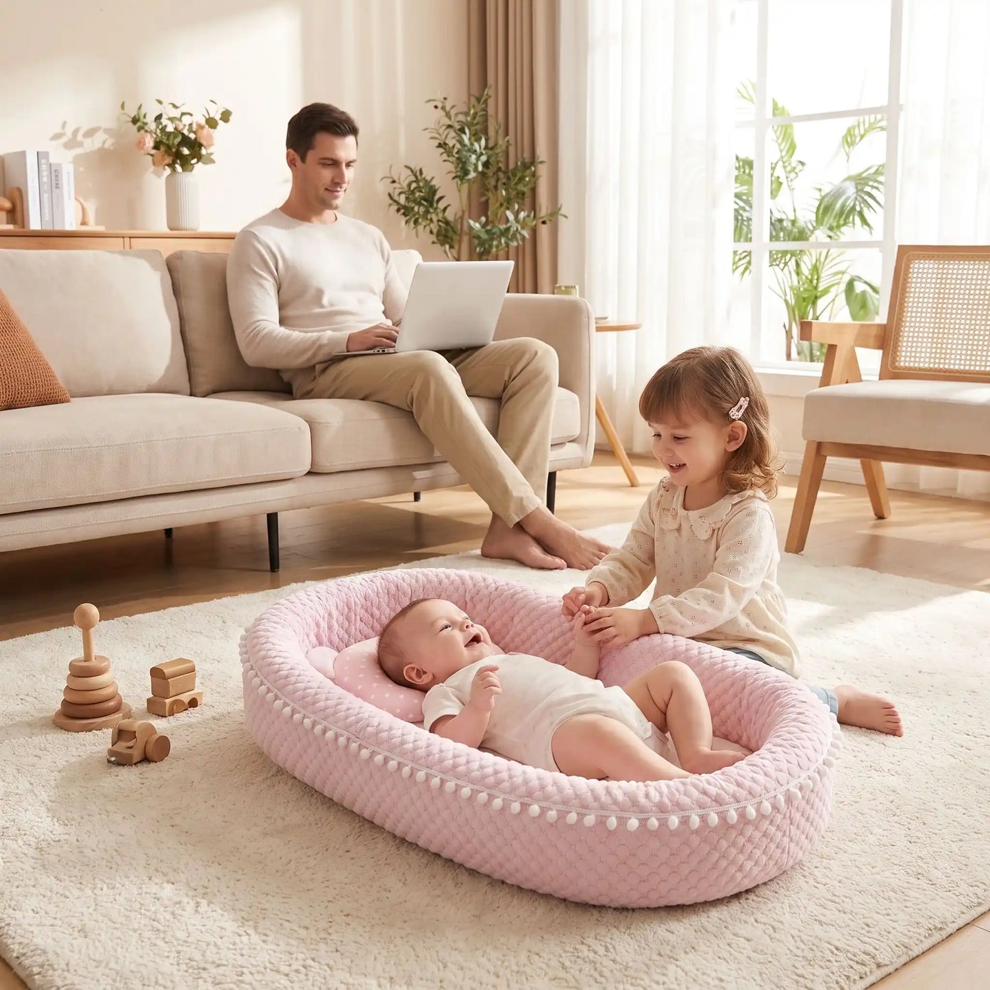 Réducteur de lit bébé joue avec sa soeur  