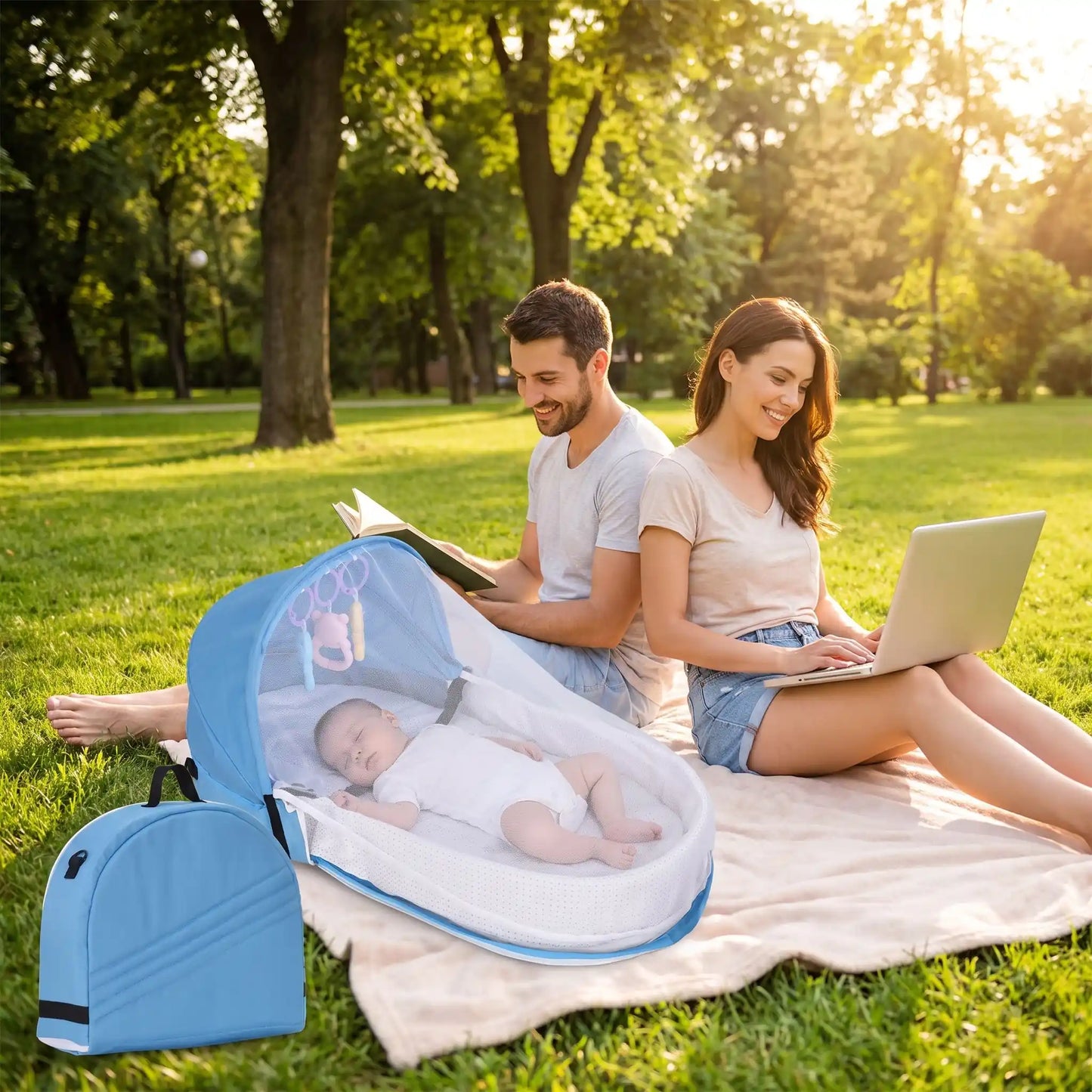 Réducteur de lit bleu bébé dort déhors avec ses parents
