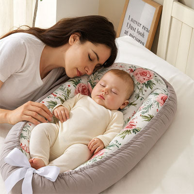 Reducteur-de-lit-gris-floral-memoire-de-forme-bebe-dort