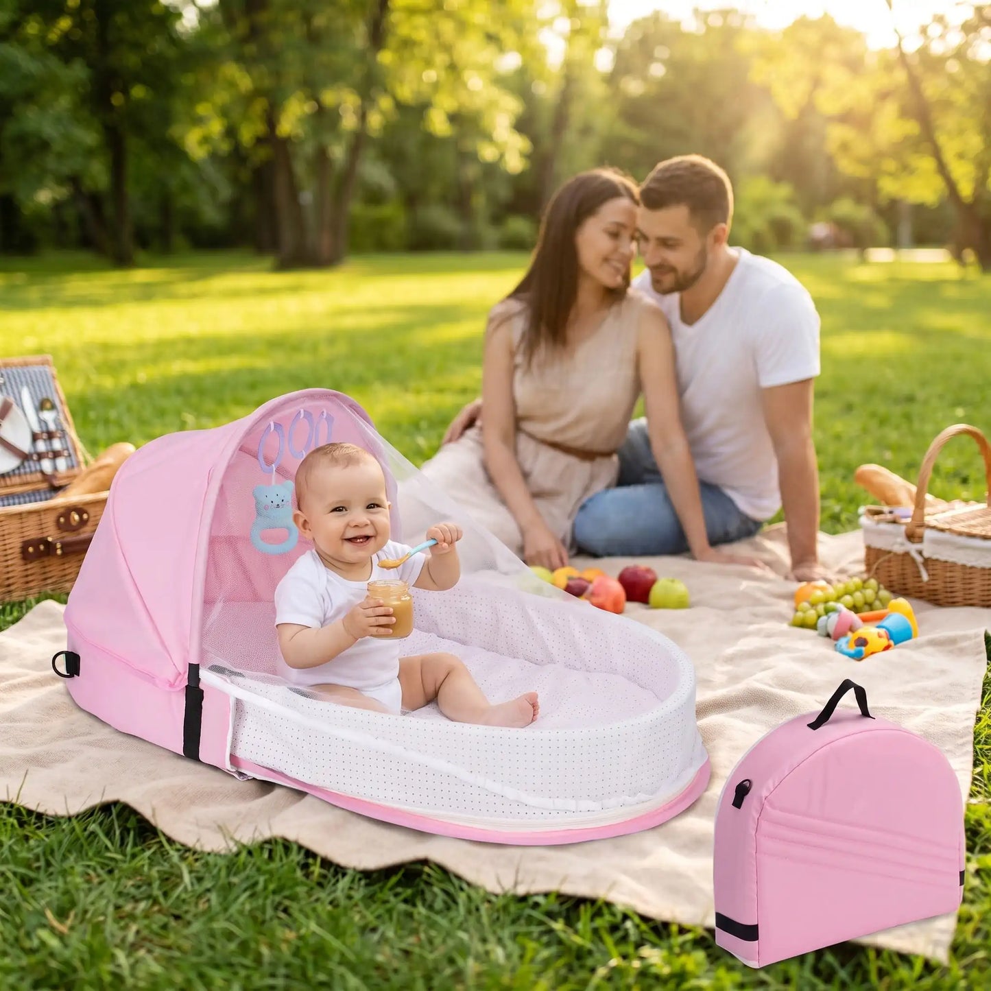 Réducteur de lit rose bébé mage au parc