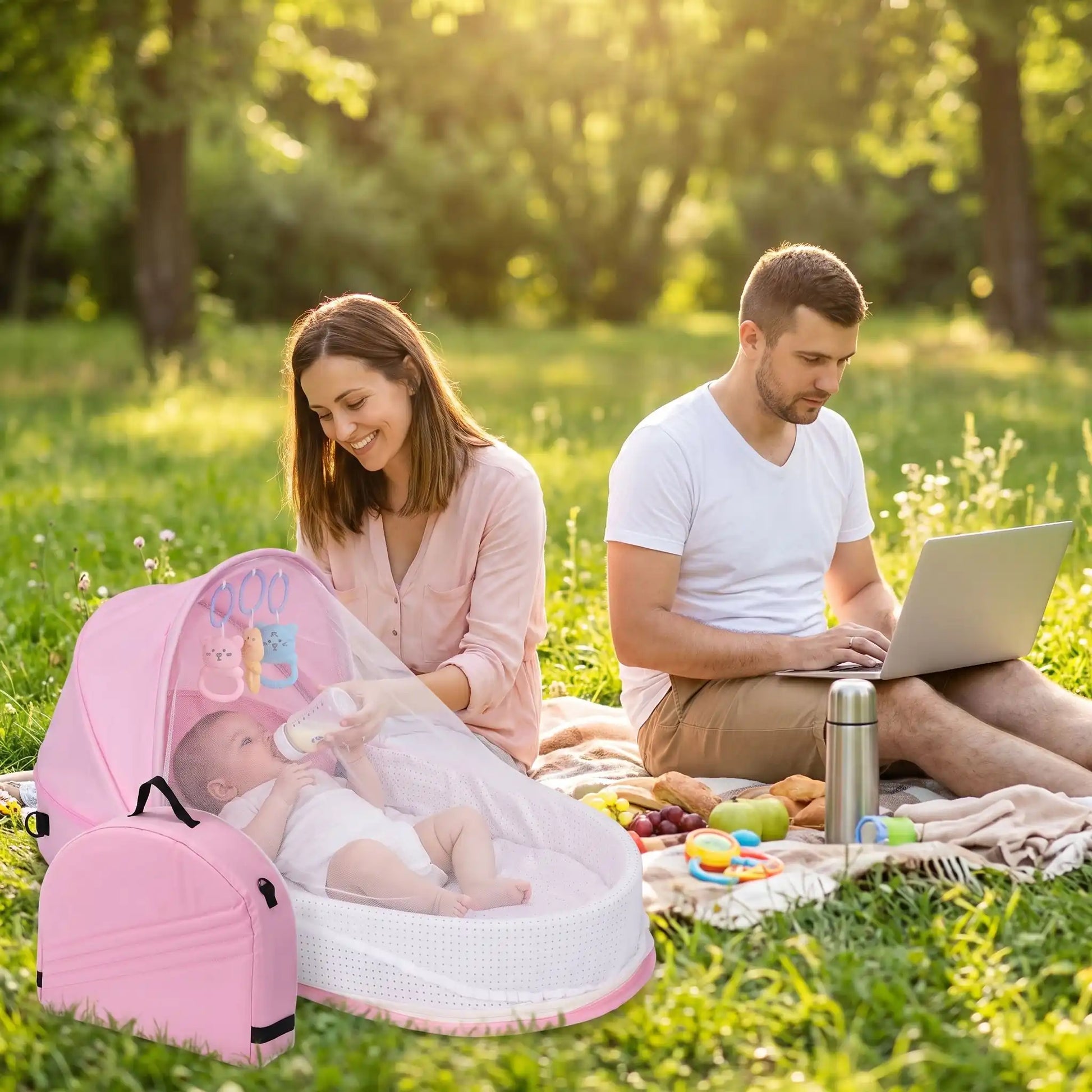 Réducteur de lit rose bébé mage dehors avec ses parents