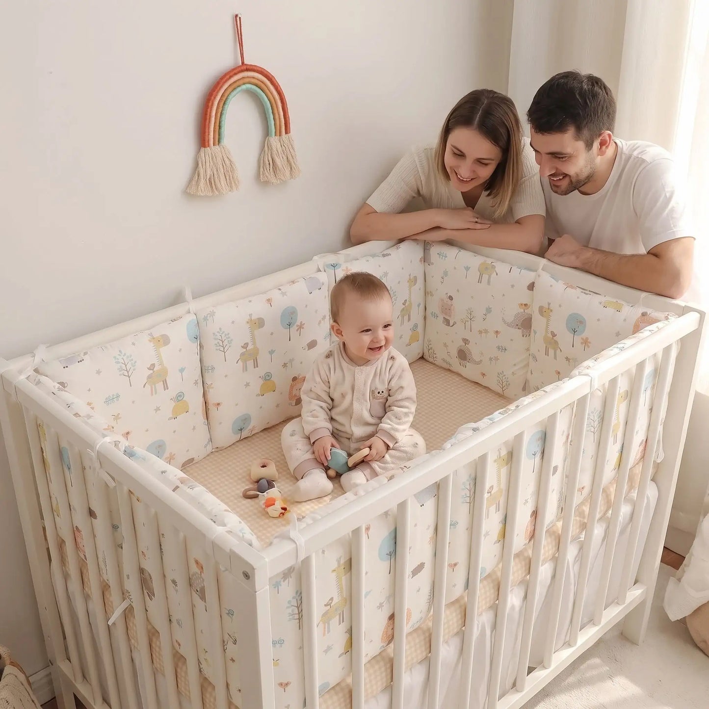 Tour de lit bébé assis sourit