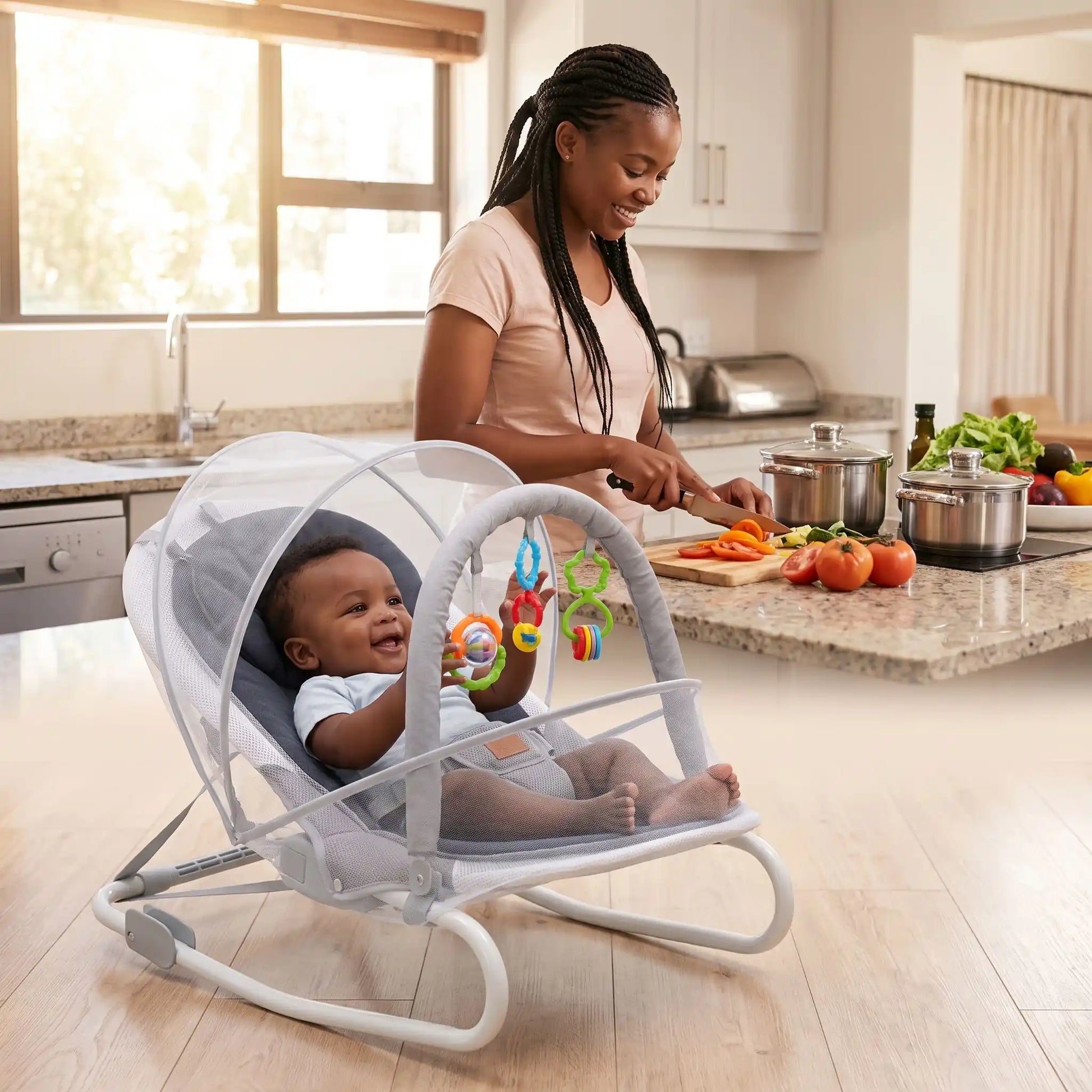 Transat bébé à la cuisine avec maman