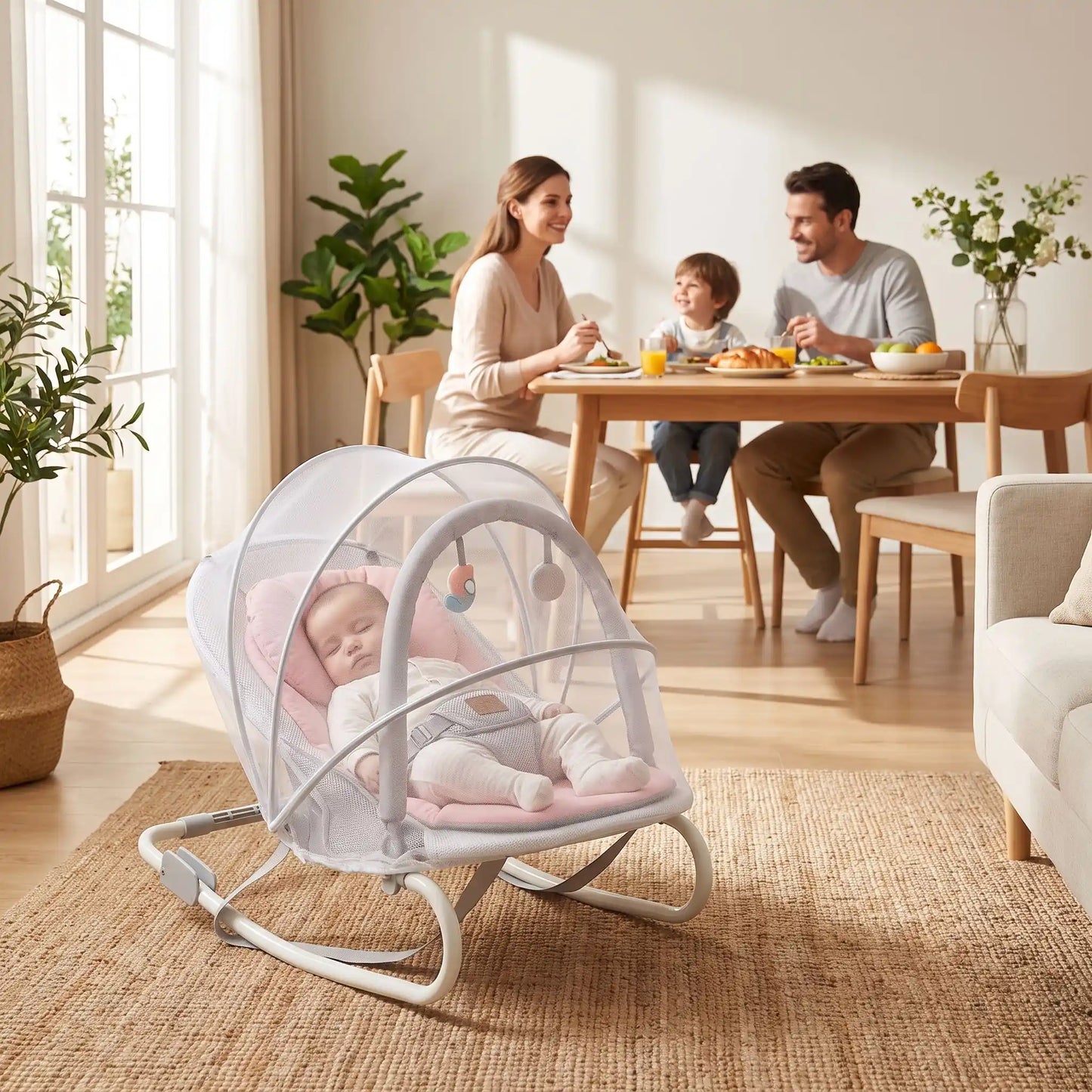Transat bébé au salon avec parents