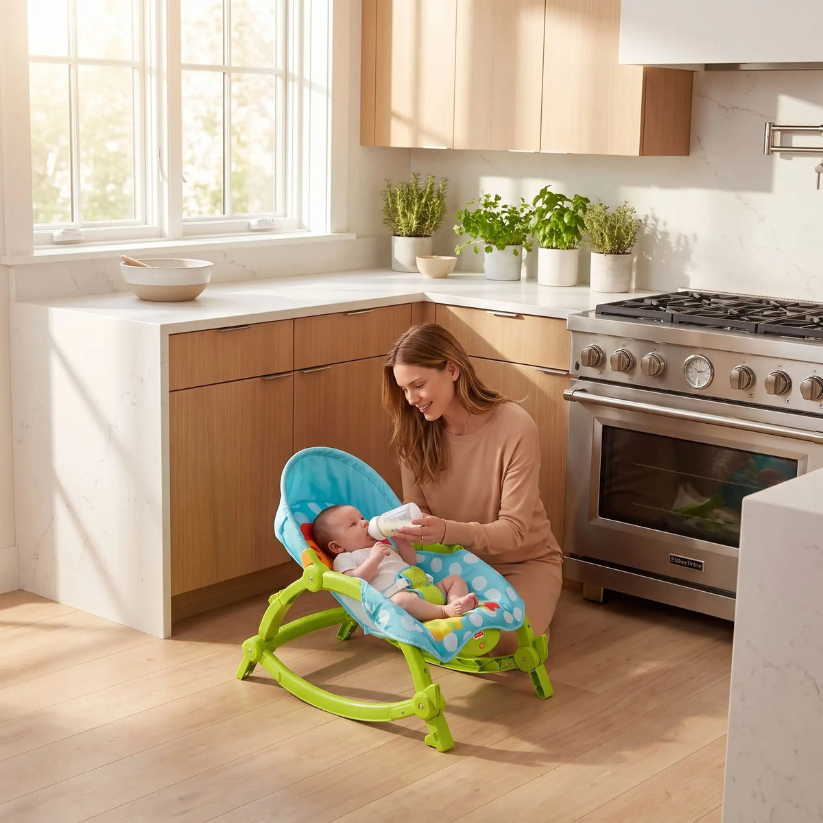 Transat bébé et maman à la cuisine