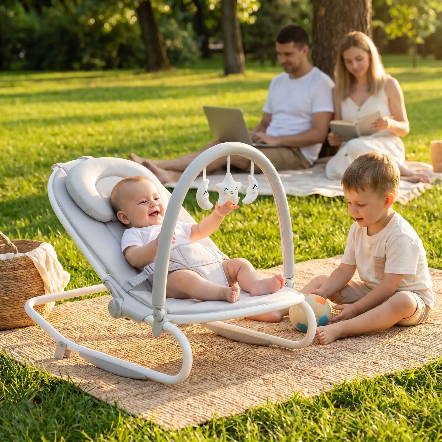 Transat bébé joue au parc avec son frère