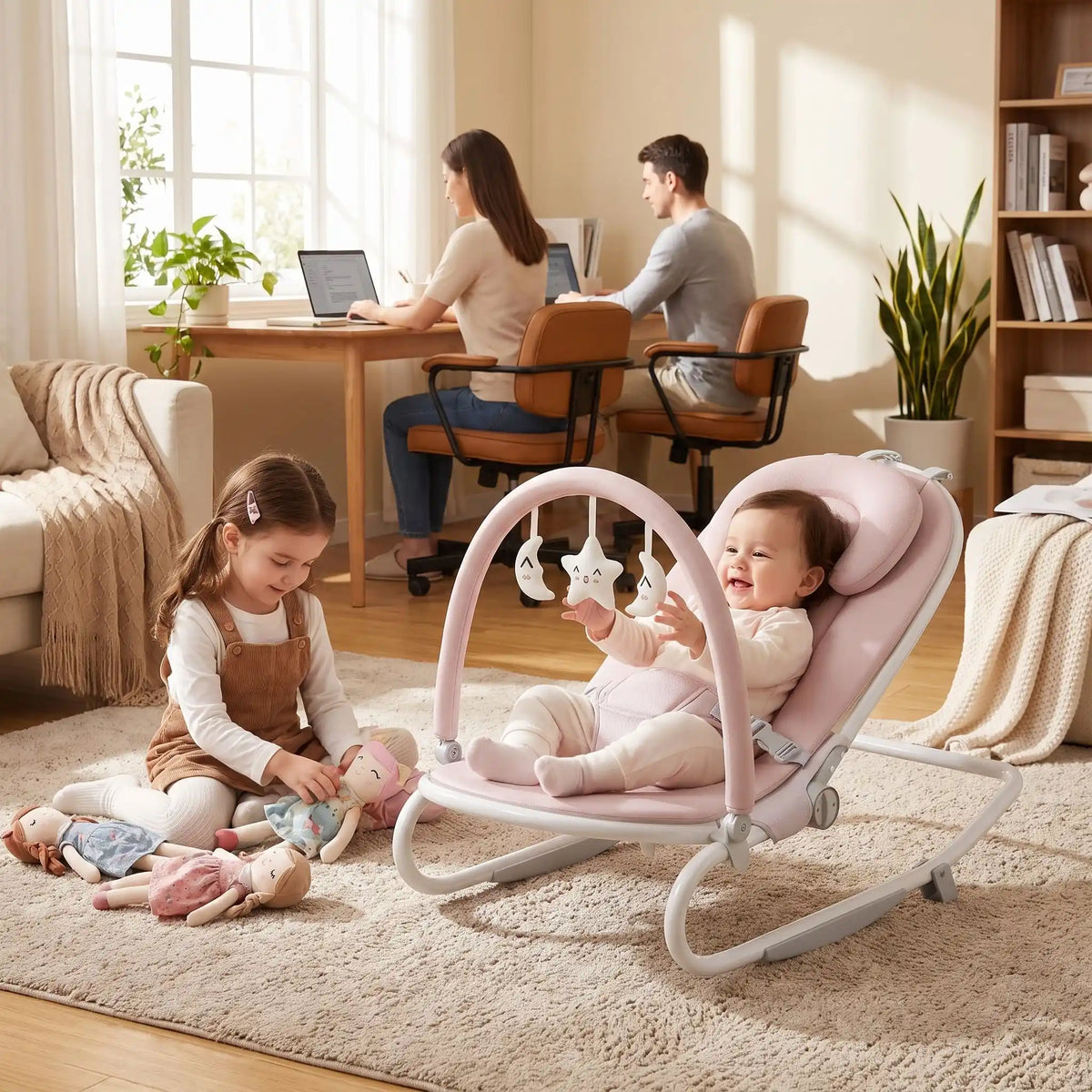 Transat bébé joue au salon avec sa soeur