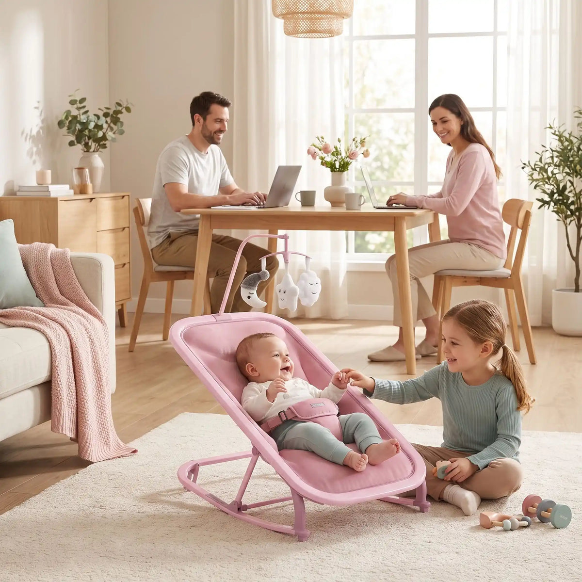 Transat bébé joue avec sa soeur