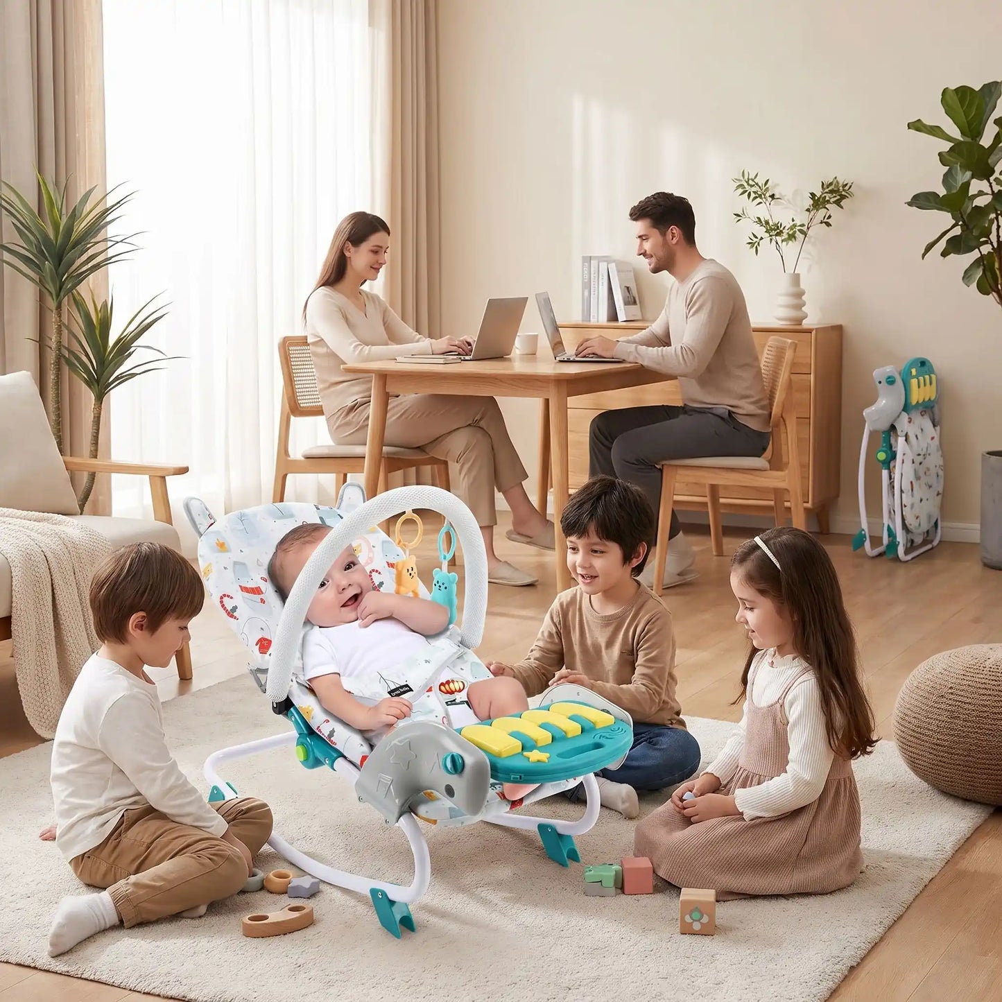Transat bébé joue avec ses frateris
