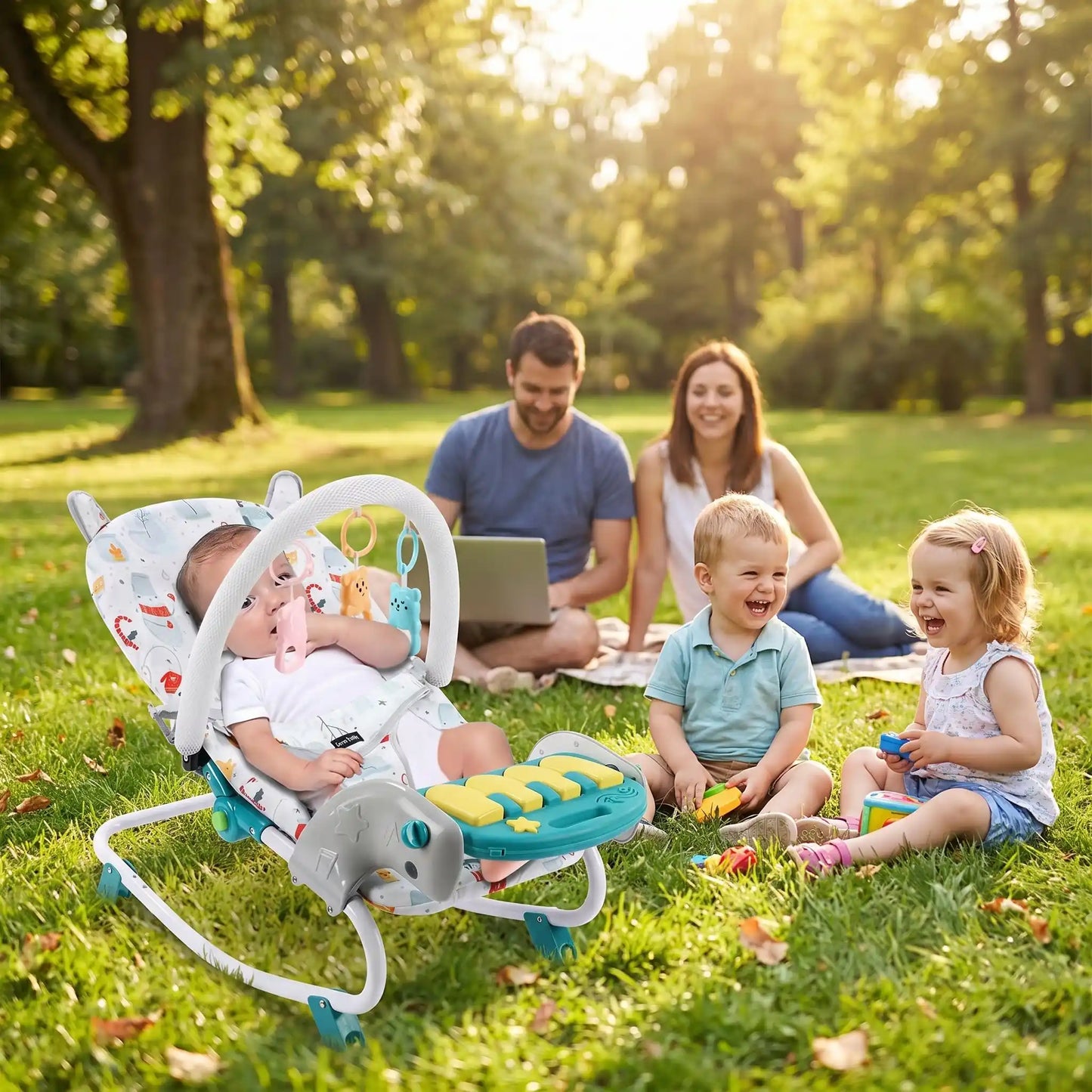 Transat bébé joue avec ses frateris au parc