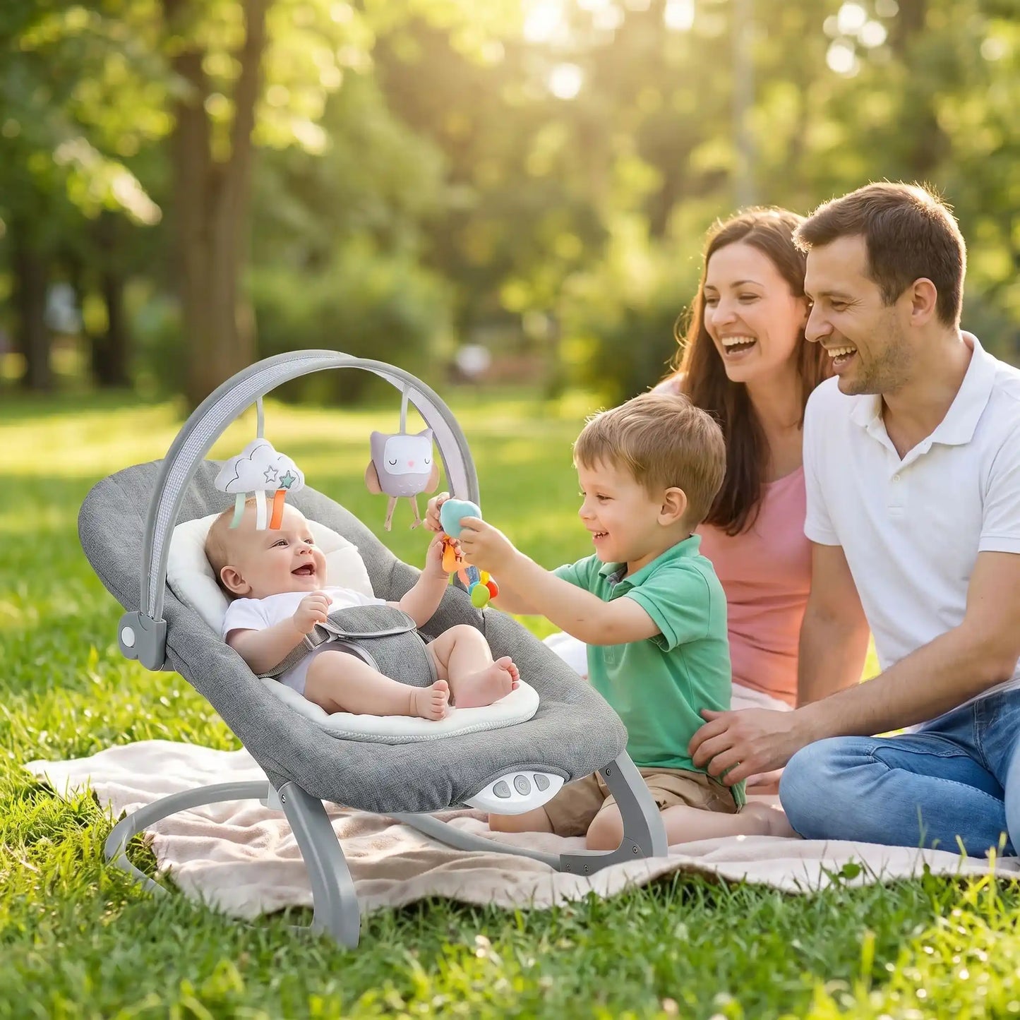 Transat bébé au parc en famille