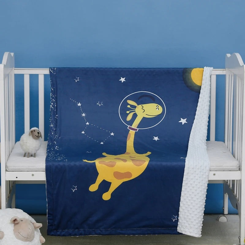 Couverture bébé coton polaire girafe bleu-douce chaude confortable